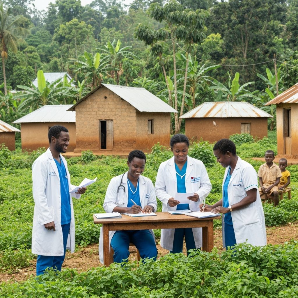 Healthcare workers providing medical care in Tanzania, community health initiative